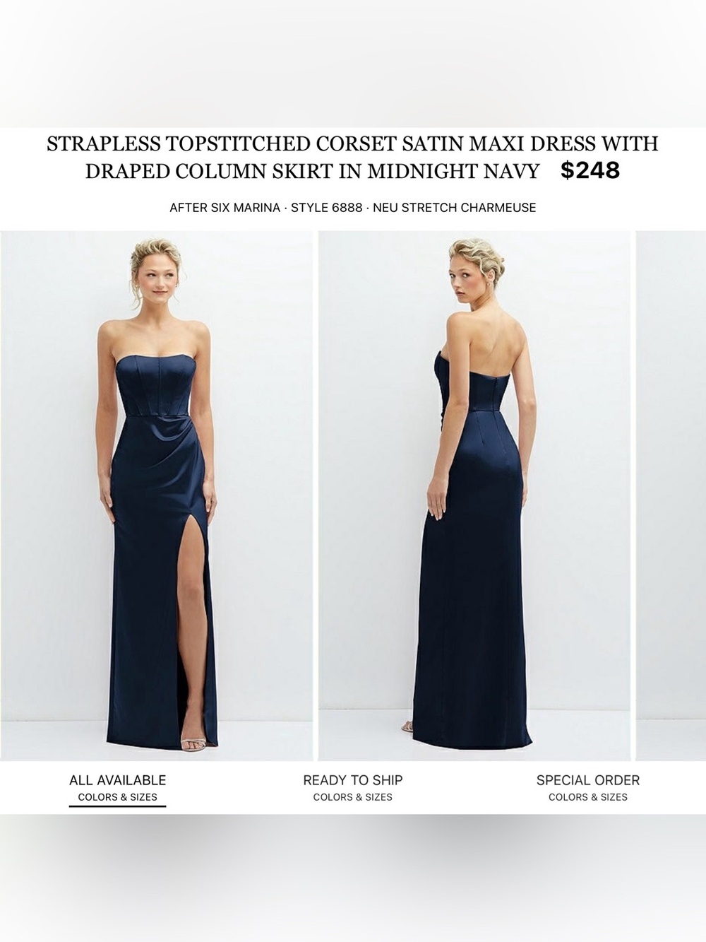 After Six Strapless Satin Corset Maxi Dress in Midnight Navy